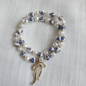 Beaded Charm Bracelet Set Blue White Gold Glass Metal Stackable Dangle Bow